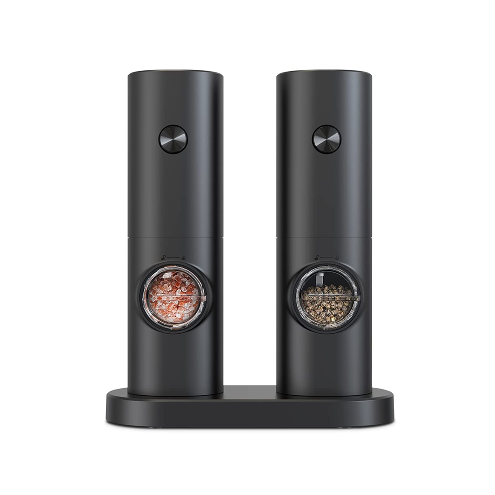 Electric Salt and Pepper Mill Set, Battery Operated Black with Base, 5 Coarse Levels, Adjustable