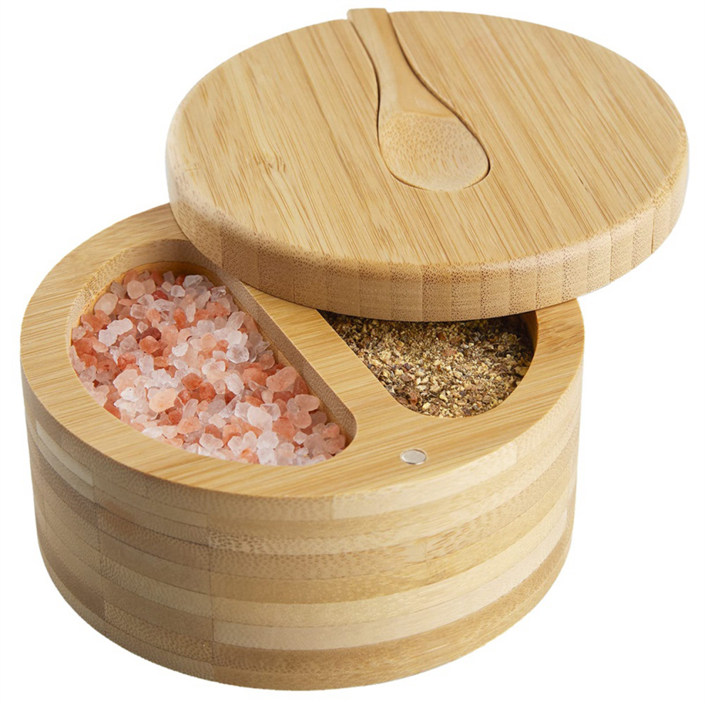 Seasoning Box with Swivel Lid Bamboo Salt Cellar and Spoon, 2-Compartment Pepper Bowls,Dual 6 Oz
