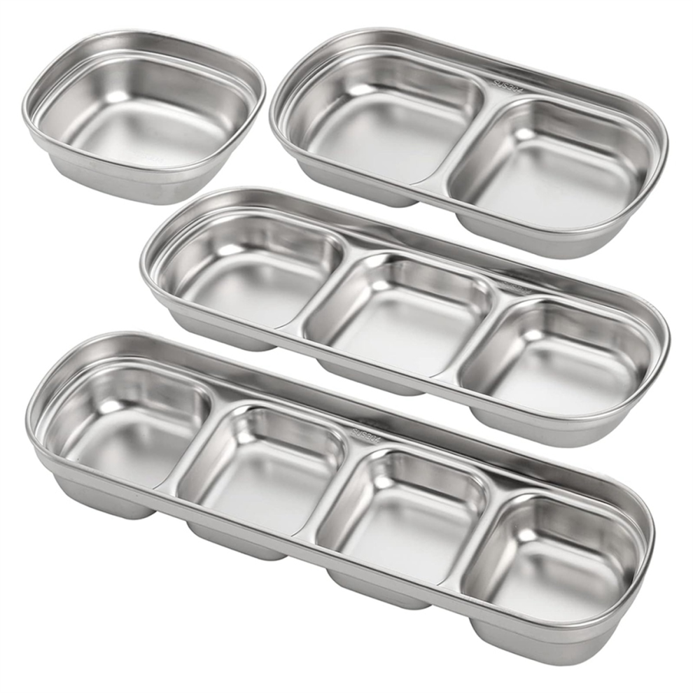 4 Pcs Stainless Steel Sauce Dish, Divided Seasoning Soy Dipping Plate, Ketchup Bowls,Silver