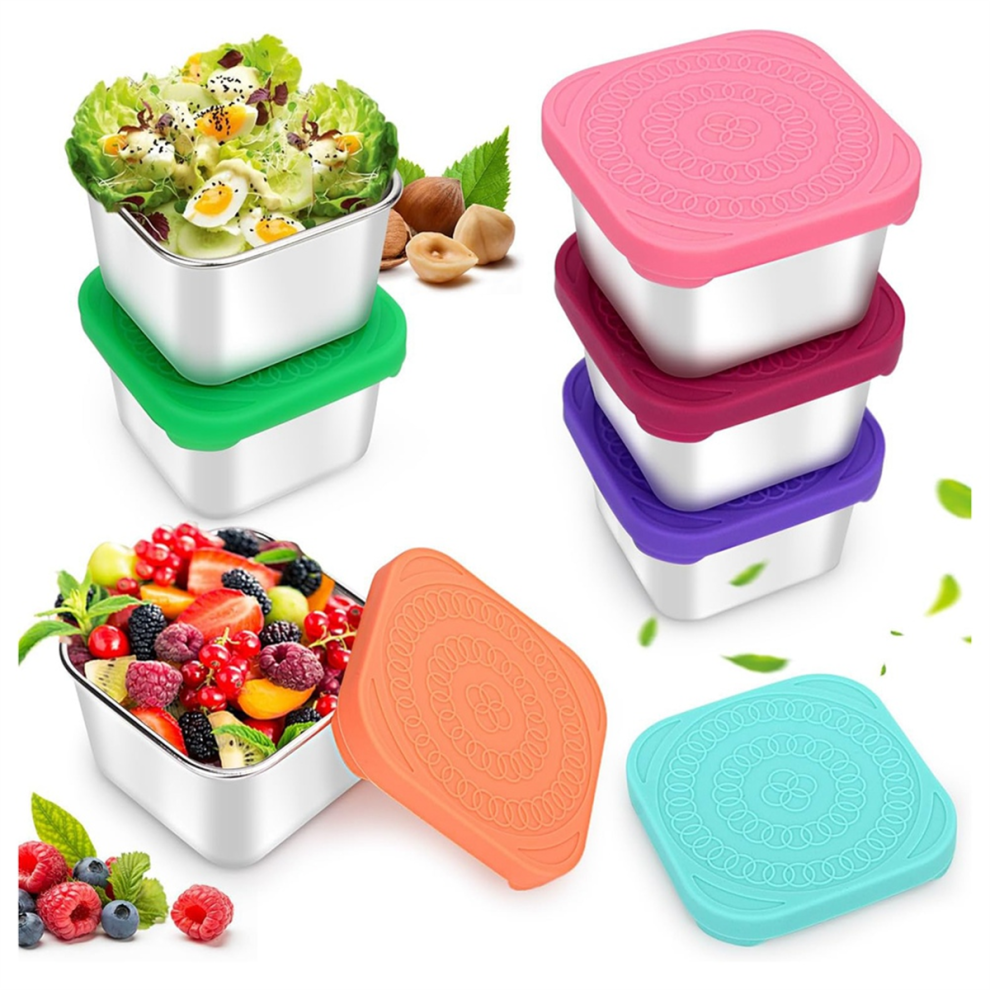 Stainless Steel Snack Containers, 6Oz 304 Metal Sauce Food Storage Box Containers with Silicone Lids