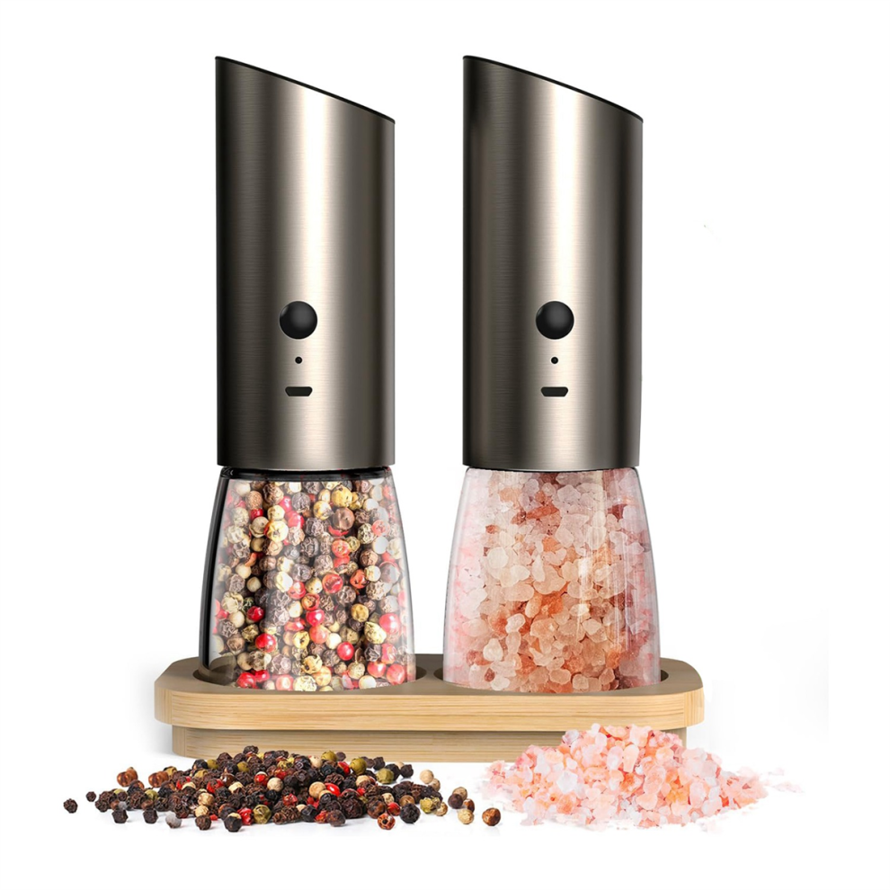 Electric Salt and Pepper Grinder Set with Bamboo Base, Adjustable Coarseness - Automatic Shakers