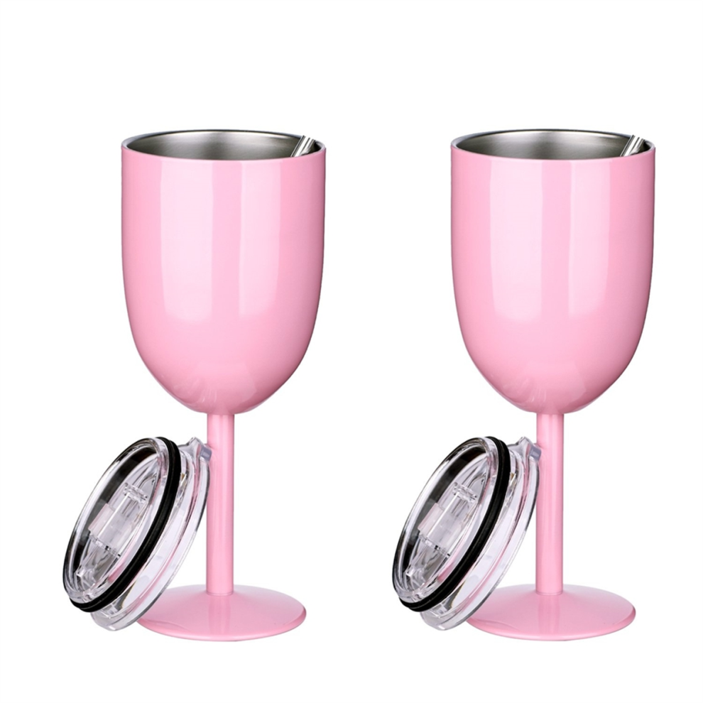 2PCS Insulated Pink Wine Glasses Double Wall Food Grade Stainless Steel Travel Cup with Leak Proof Lid for Adult