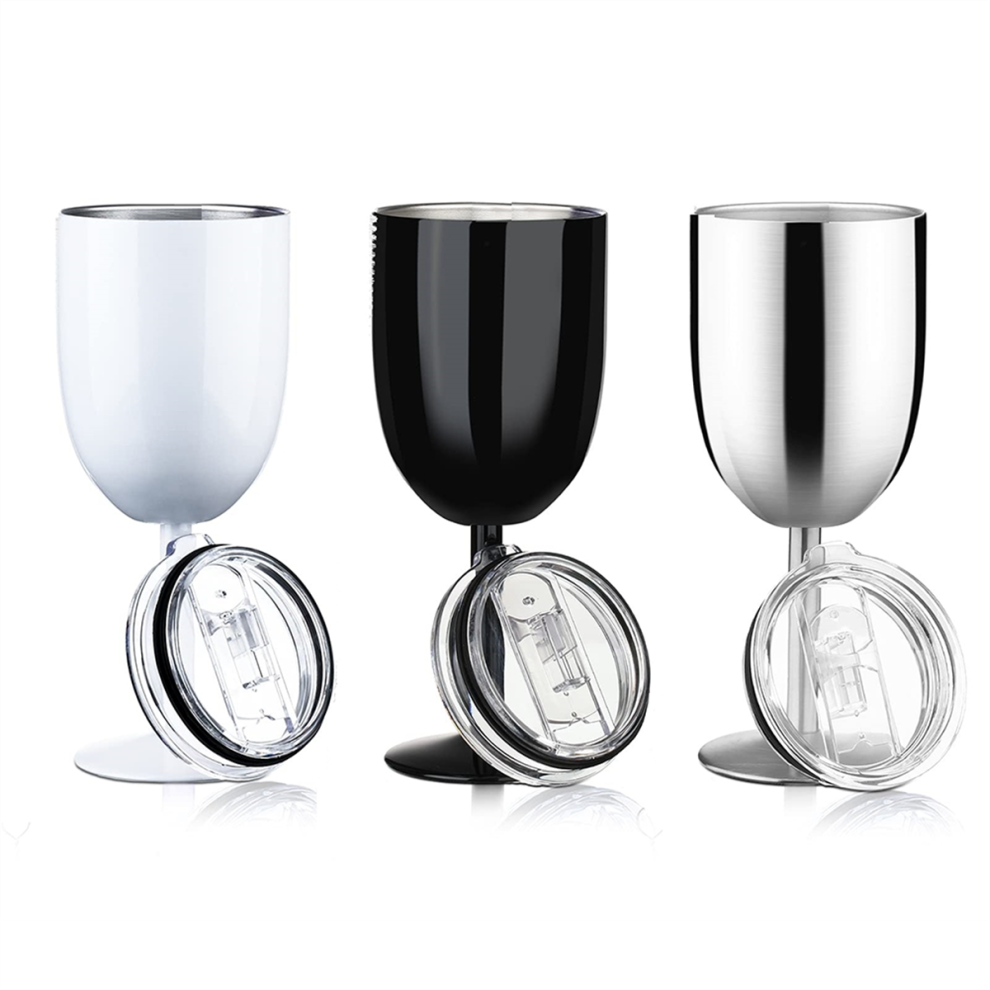 Stemmed Stainless Steel Wine Glasses with Lid Double Wall Insulated Tumbler Unbreakable Goblets 10oz A