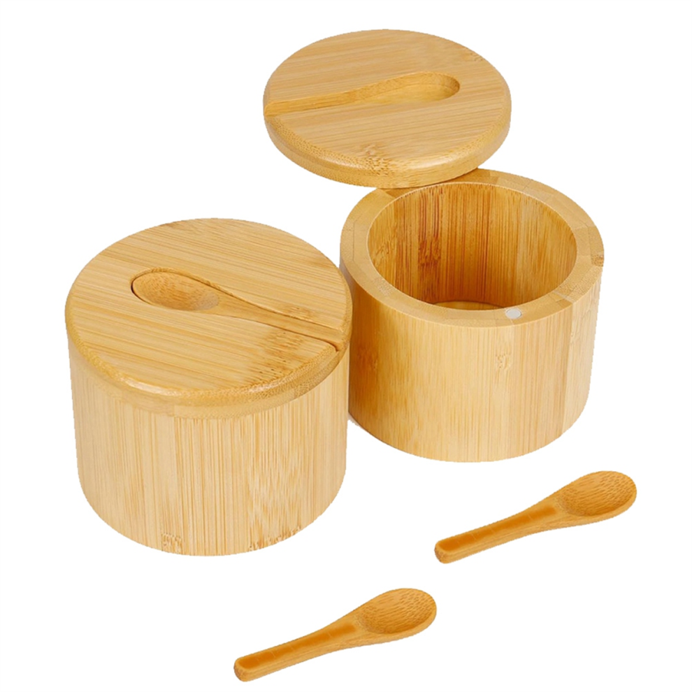 2Pcs Bamboo Salt Cellar Spice Storage Box with Magnetic Swivel Lid & Spoon for Pepper, Table Salt, Gourmet Salts,