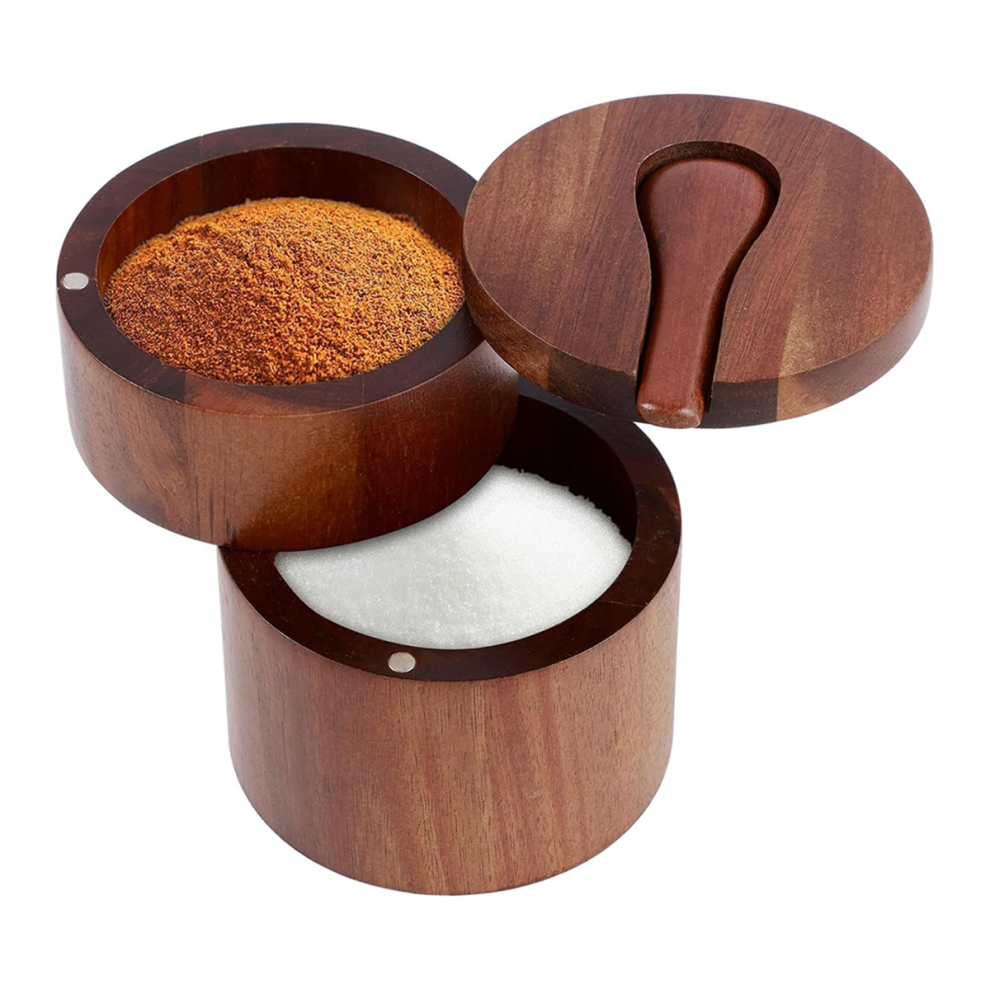 Wooden Salt Shaker, 2-Tier Spice Container, Small Box for Storing Salt, Spices, Herbs or Favorite Condiments