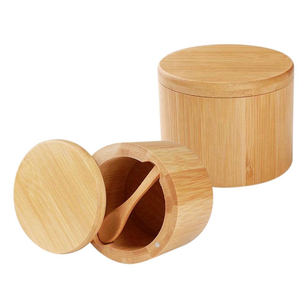 Bamboo Salt Shaker, 2 PCS Box with Built-in Spoon, Bowl Swivel Lid, Preserving Jar for Spice Storage