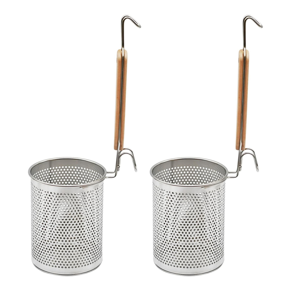 Stainless Steel Pasta Strainer, 2pcs Food Dumpling Noodle Strainer with Wood Handle Straining Noodles Baskets