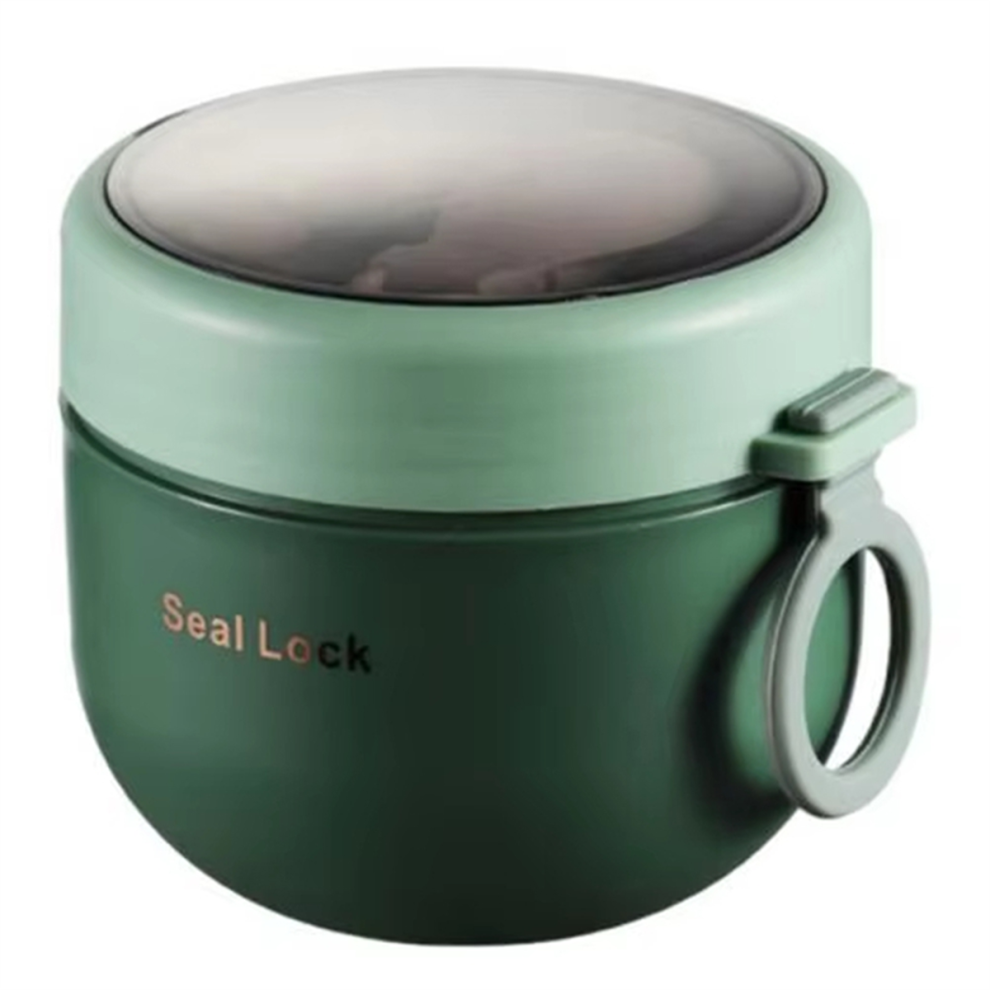 Stainless Steel Vacuum Soup Cup - Portable Lunch Box with Spoon, Microwave Safe, Cute Design Green