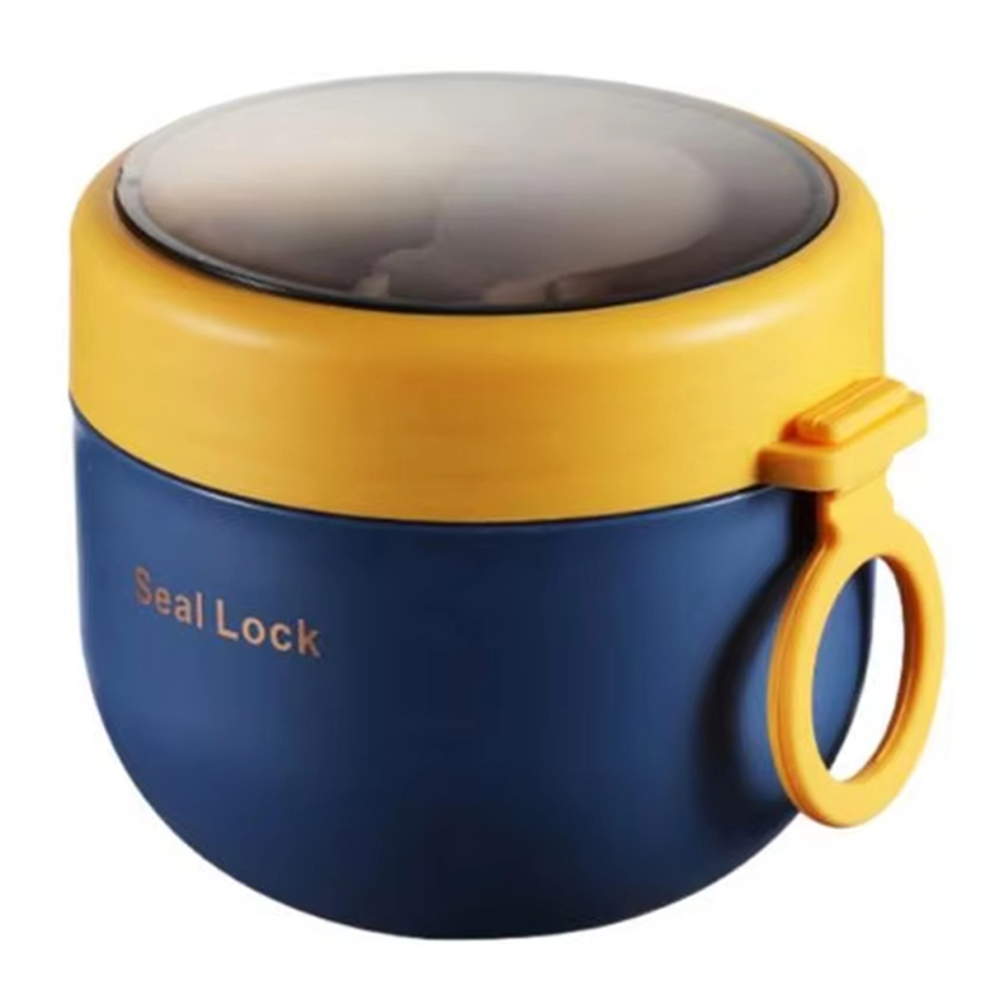 Stainless Steel Vacuum Soup Cup - Portable Lunch Box with Spoon, Microwave Safe, Cute Design Blue