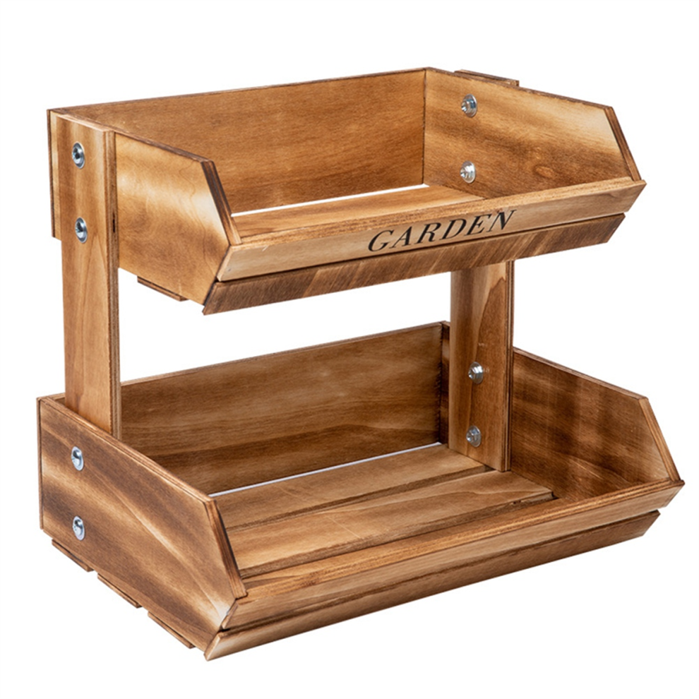 2-Tier Wooden Fruit Basket,Multipurpose Kitchen Storage for Vegetables, Bread, Style Food Container Brown