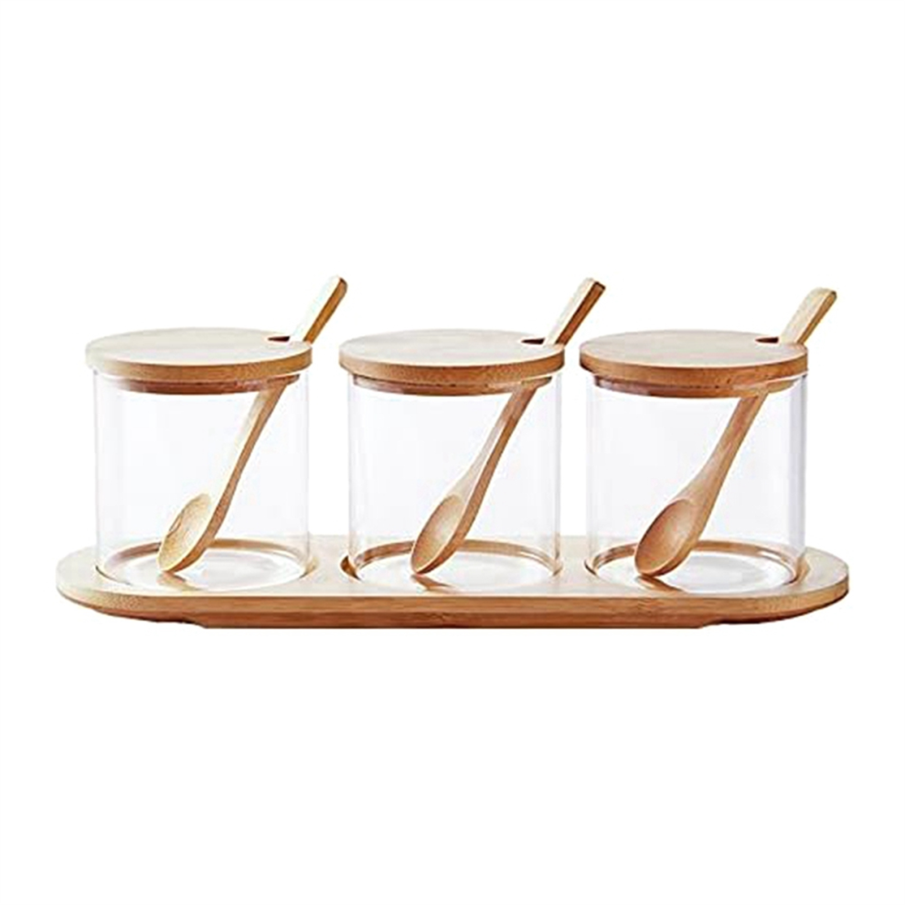 Bamboo Condiment Container with Lid and Spoon-Condiment Box Set, Used to Store Condiments, Salt Sugar.