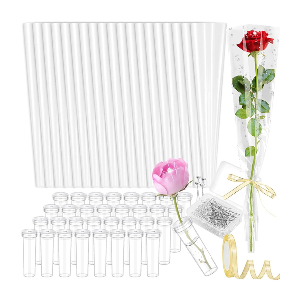 50 Pcs Single Rose Sleeve with Floral Water Tubes, Flower Tubes Sleeve, Diamond Pins and Ribbon