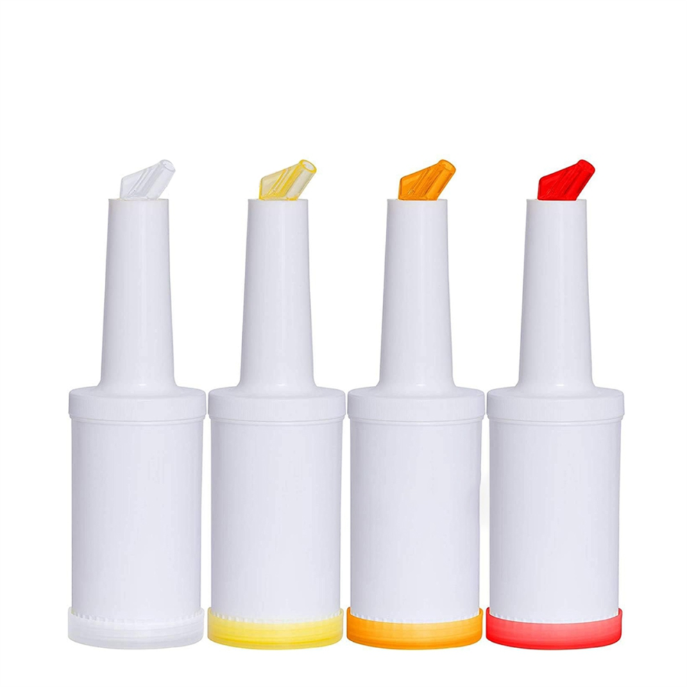4 Pack Bar Pour Colorful Juice Pouring Bottle Containers 34 Oz Plastic Dispensers for Home Kitchen Party
