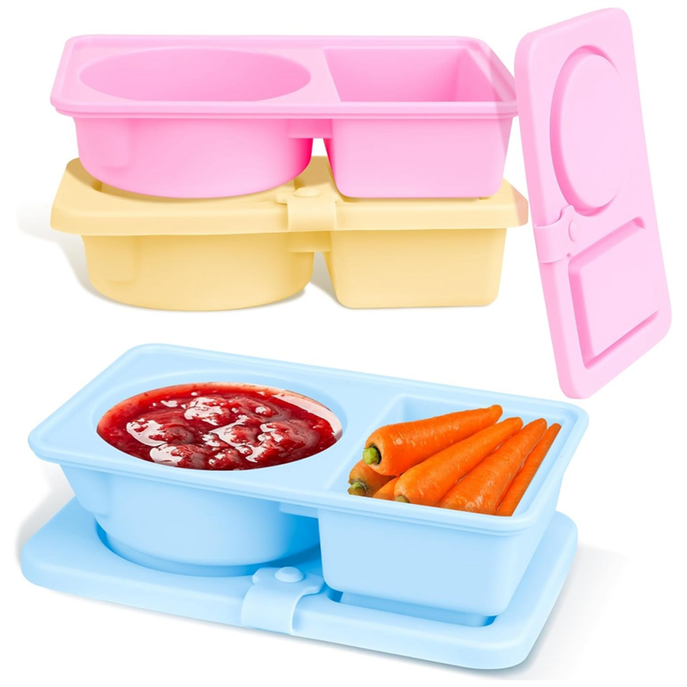 3 Pack Silicone Reusable Snack Containers with Lids, Double Compartment Snackle Box Containers, Salad Dressing