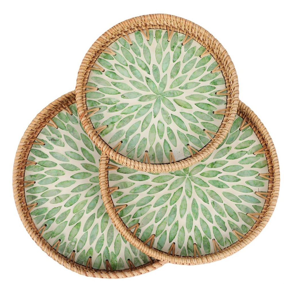 3Pcs Round Rattan Wicker Tray with Mother of Pearl Inlay Boho Trays Coffee Table