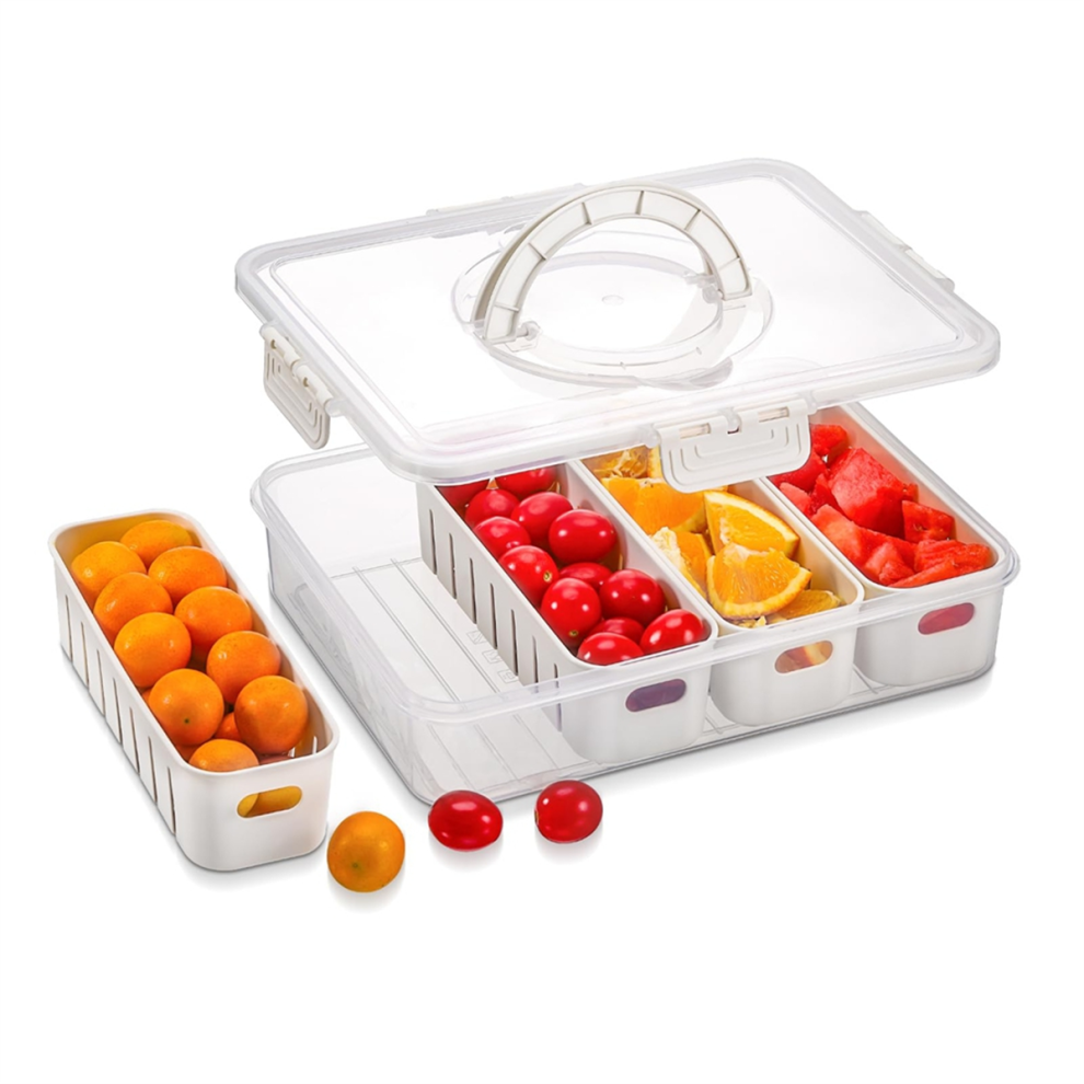 Portable Fruit Tray with Compartments, Clear Snack Organizer for Picnics & Kitchen Storage, Includes Lid Handle