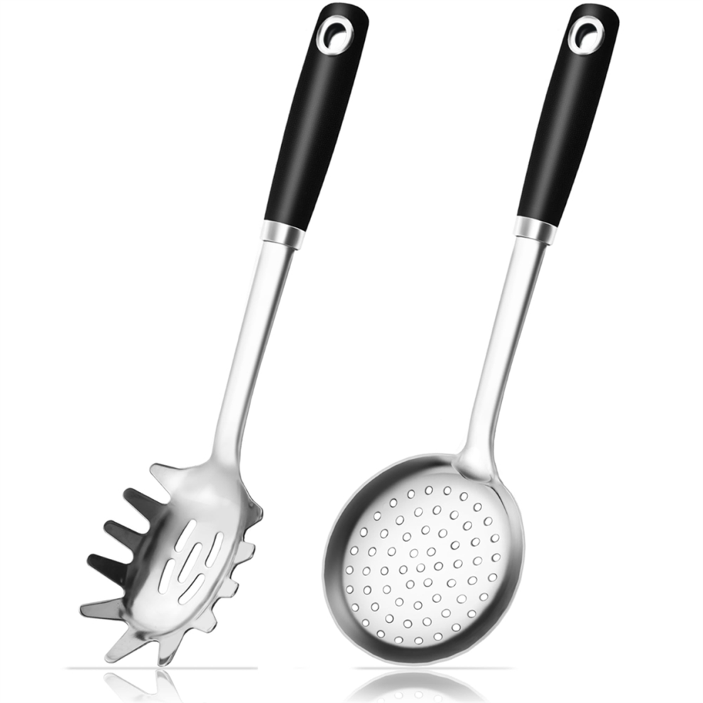 18-0 Stainless Steel Spaghetti Spoon & Slotted for Cooking, Heavy Duty Frying Pasta Strainer Skimmer