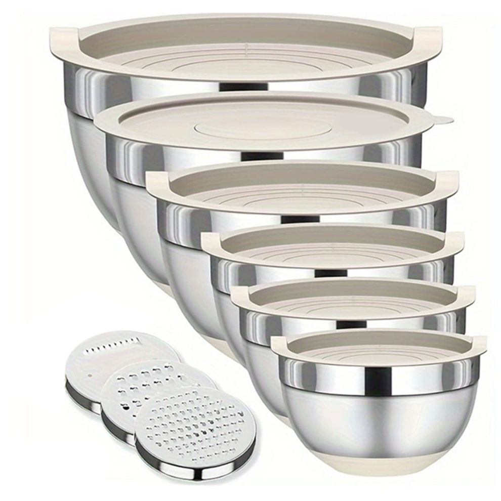 Khaki Mixing Bowl with Lid Set,6 Piece Stainless Steel Nesting Bowls for Salad Storage,3 Grater Attachments