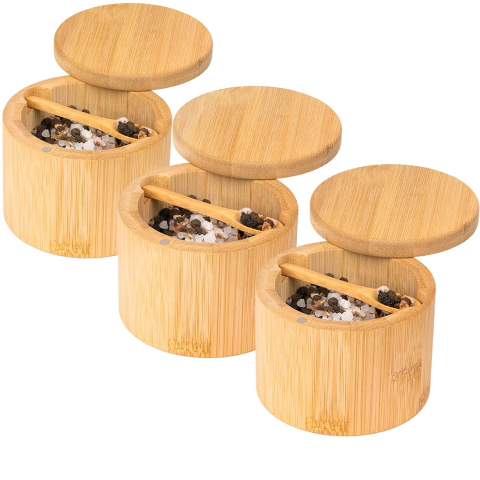 Bamboo Salt Cellar (3 Pack),Salt Box with Built-in Spoon,Spice Container Holder Swivel Magnetic Lid
