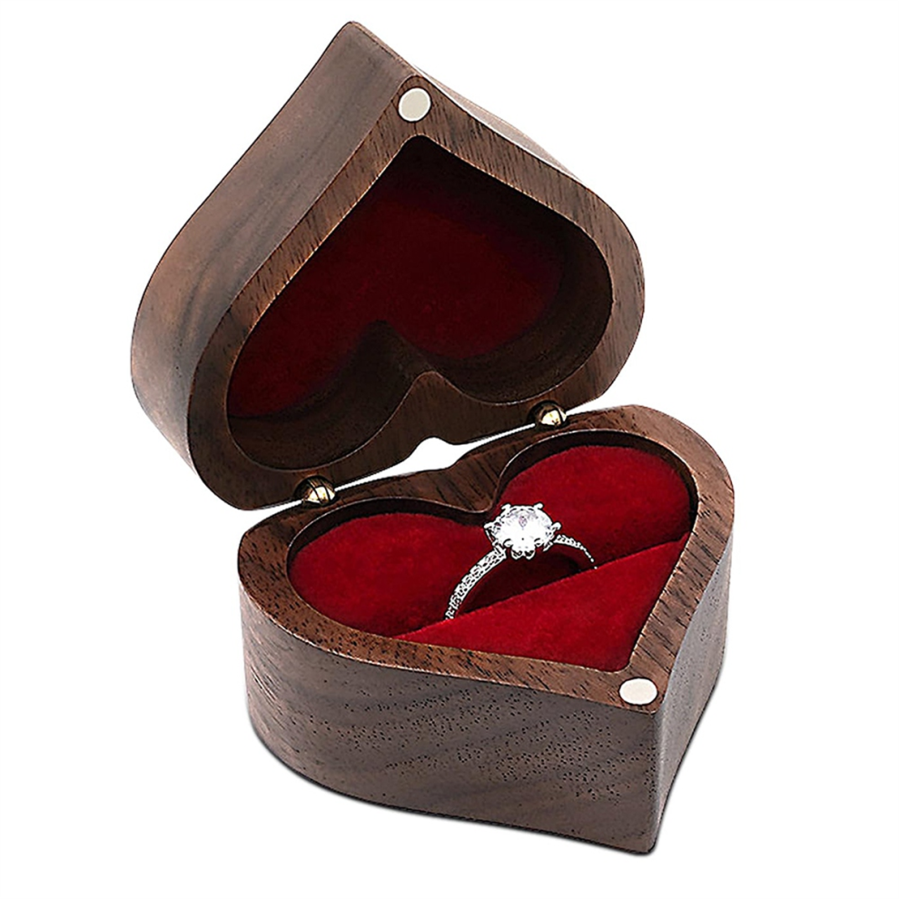 Heart-Shaped Ring Box Wooden Jewelry Romantic Wedding Holder Engagement Proposal Anniversary,A