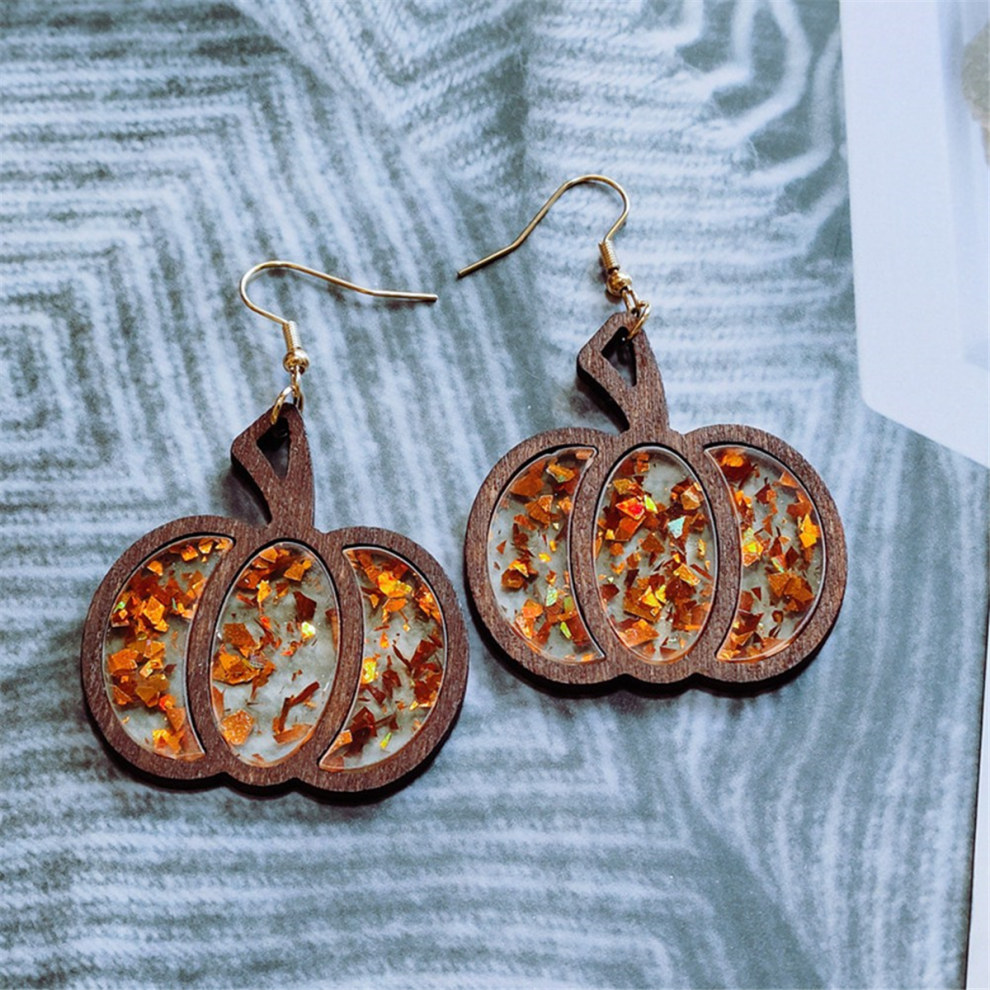 Autumn Thanksgiving Earrings Halloween Pumpkin Wood Inlay Acrylic Glitter Sequins Hollow Fashion