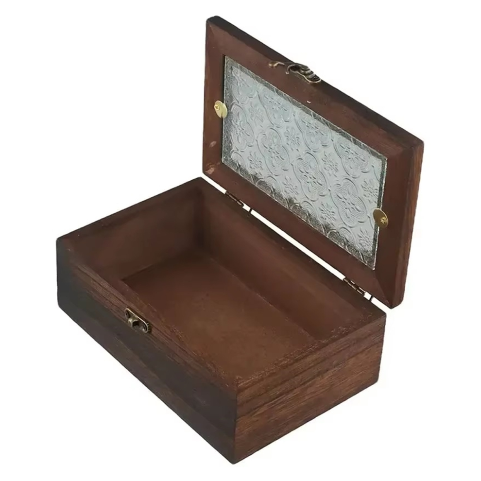 Vintage Glass Storage Box, Solid Wood Cabinet, Desktop Organizer, Makeup Table Decor,Wooden Retro Sundries Box S