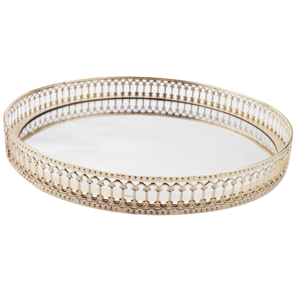 Golden Iron Jewelry Storage Tray Glass Mirror Makeup Manager Desktop Cosmetic Dessert Decorative Display 25Cm