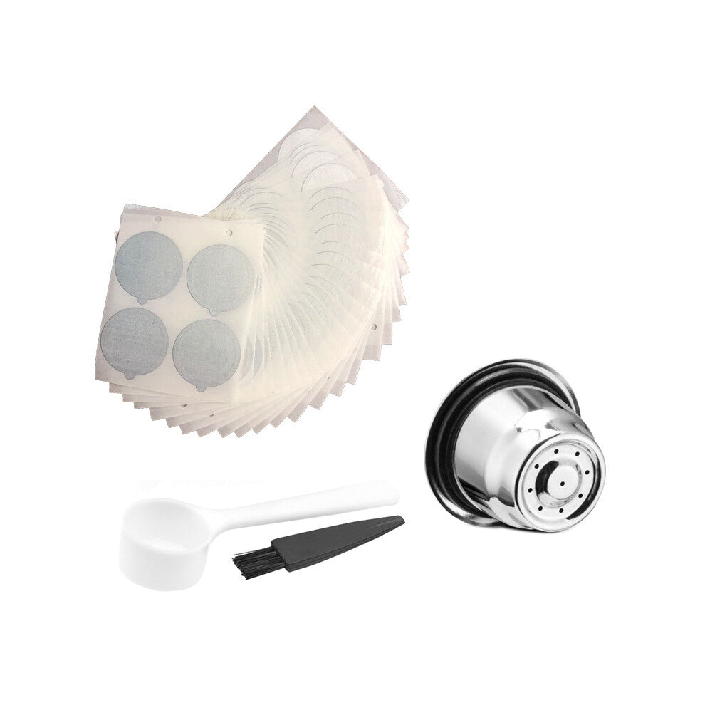 1 Pack Reusable Capsules with 100 Foil Lids- Stainless Steel Refillable Coffee Pods for Machines