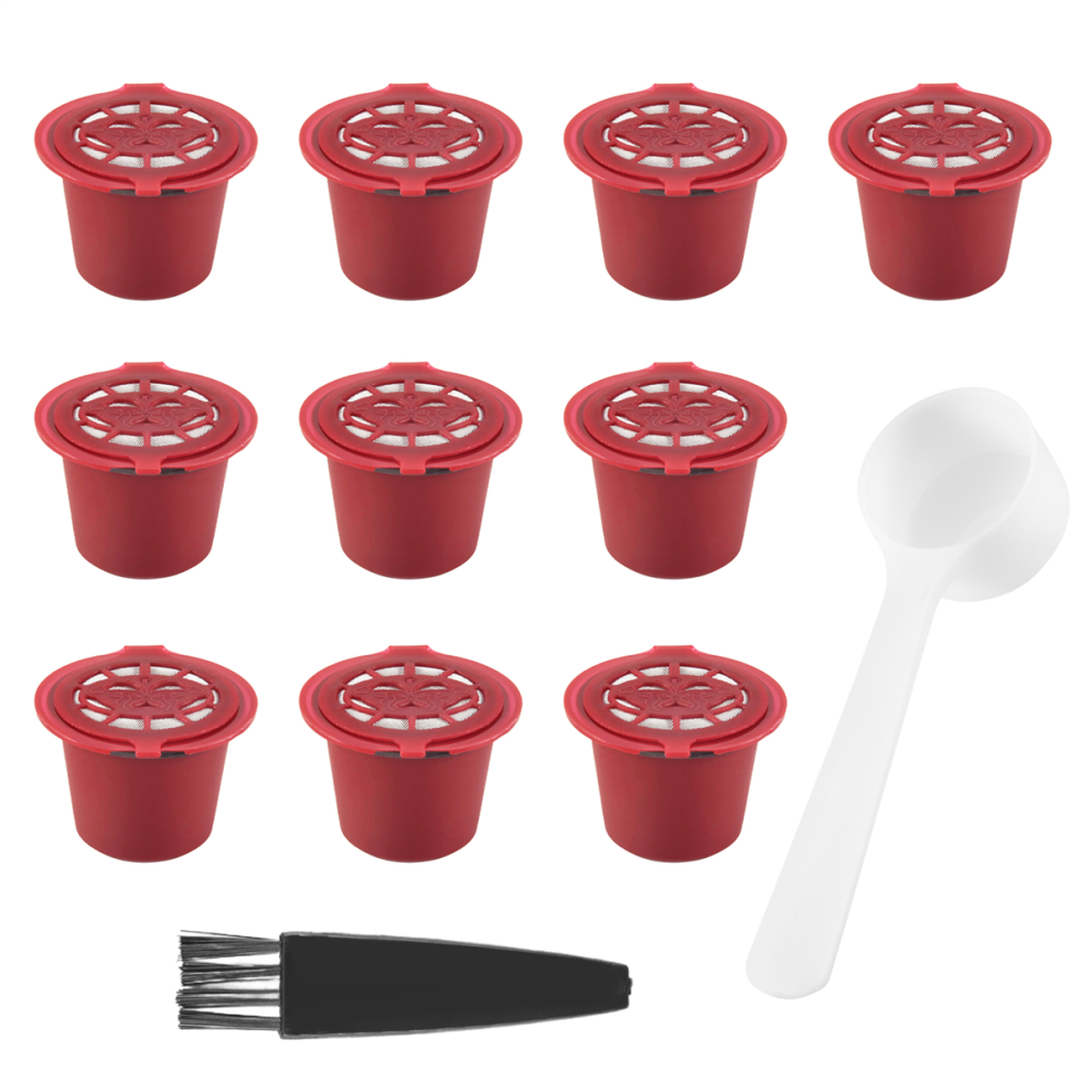 10 Pcs Reusable Refillable Coffee Capsule Filters for with Spoon Brush Kitchen Accessories Filter Red