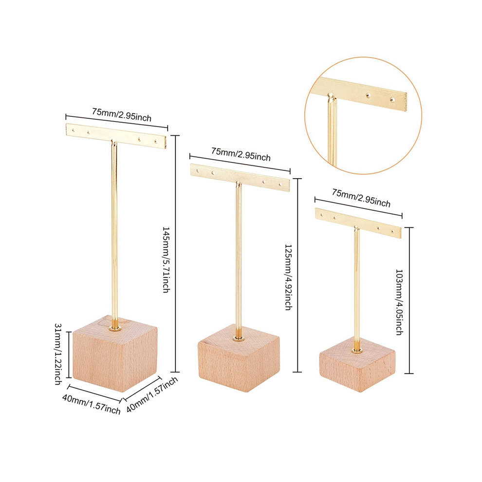 3Pcs Gold Metal Bar Earring Display Stand with Wooden Square Base 4 Holes Jewelry Holders Hanging Organizer