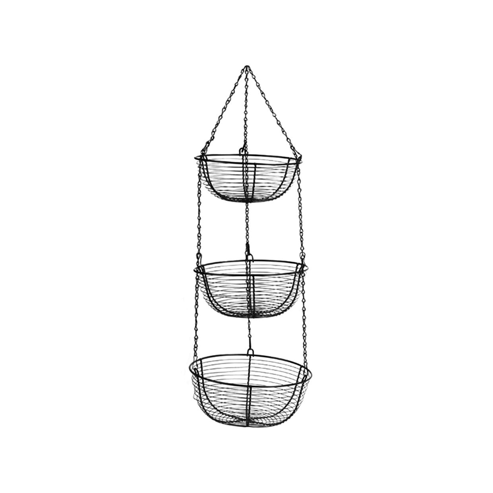 3-Tier Hanging Basket Fruit Organizer Kitchen Heavy Duty Wire with Metal Ceiling Hooks-Black