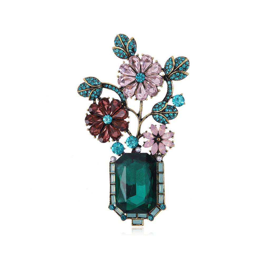 Vintage Vase Brooch Temperament rhindiamone Floral pin Fashion atmospheric suit accessory