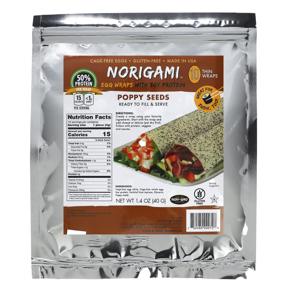 Norigami, Egg Wraps with Soy Protein, Poppy Seeds, 10 Thin Wraps, 1.4 oz (40 g)
