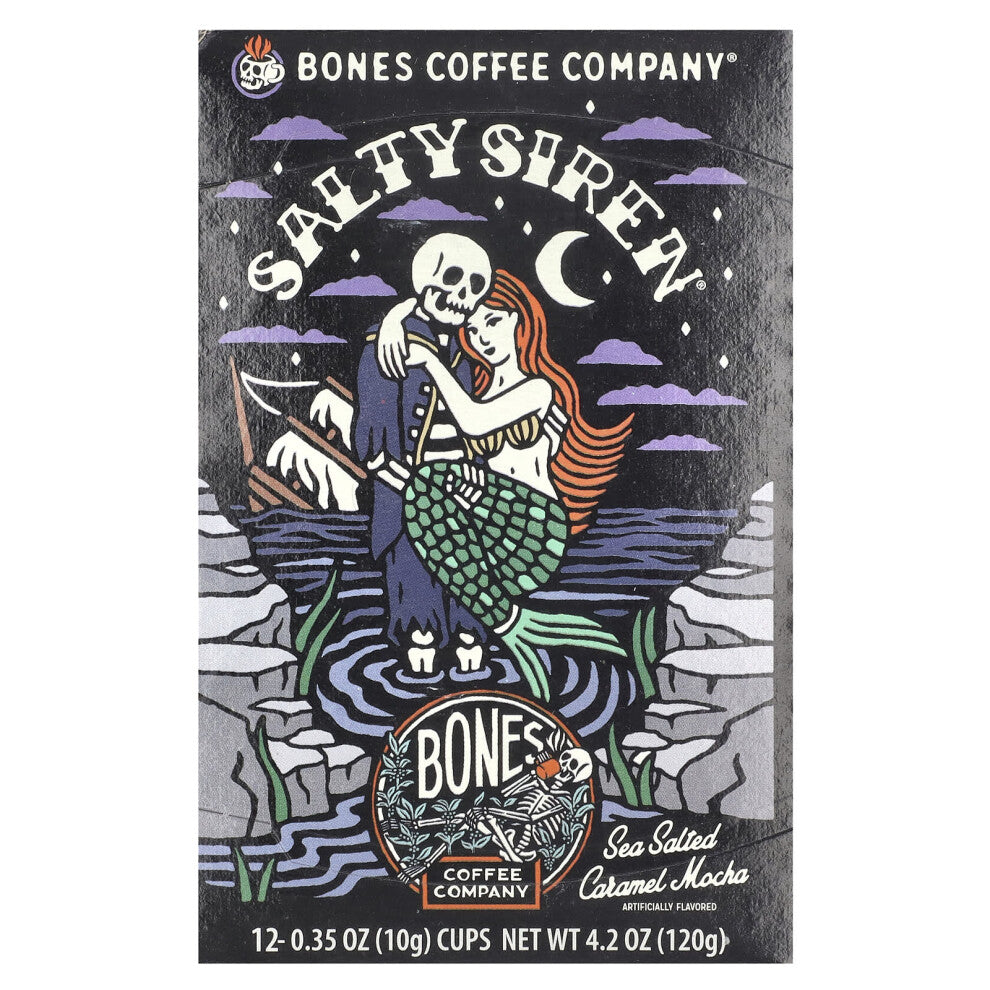 Bones Coffee Company, Salty Siren, Coffee Cups, Sea Salted Caramel Mocha, 12 Cups, 0.35 oz (10 g) Each