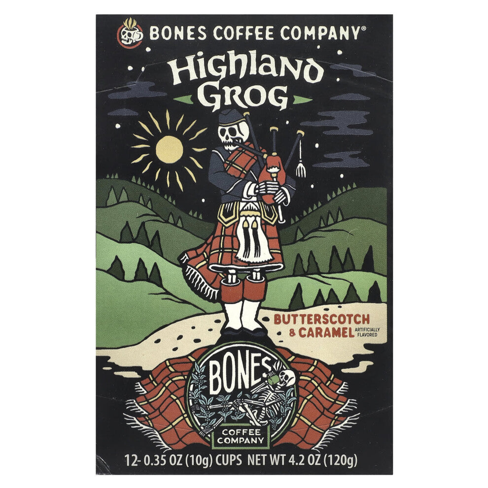 Bones Coffee Company, Highland Grog, Coffee Cups, Butterscotch & Caramel, 12 Cups, 0.35 oz (10 g) Each