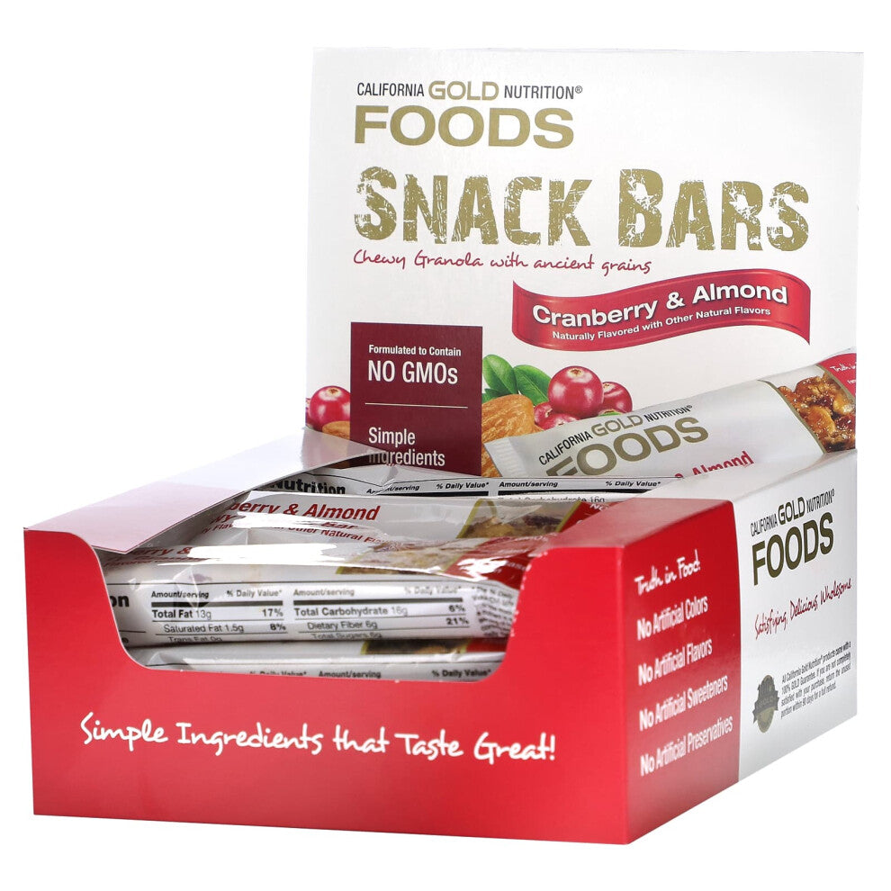 California Gold Nutrition, Foods, Cranberry & Almond Chewy Granola Bars, 12 Bars, 1.4 oz (40 g) Each