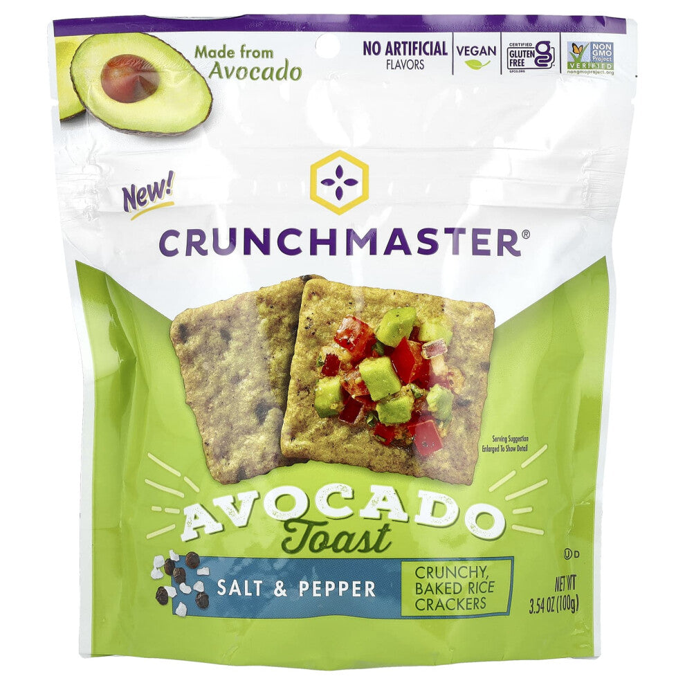 Crunchmaster, Avocado Toast, Crunchy Baked Rice Crackers, Salt & Pepper, 3.54 oz (100 g)