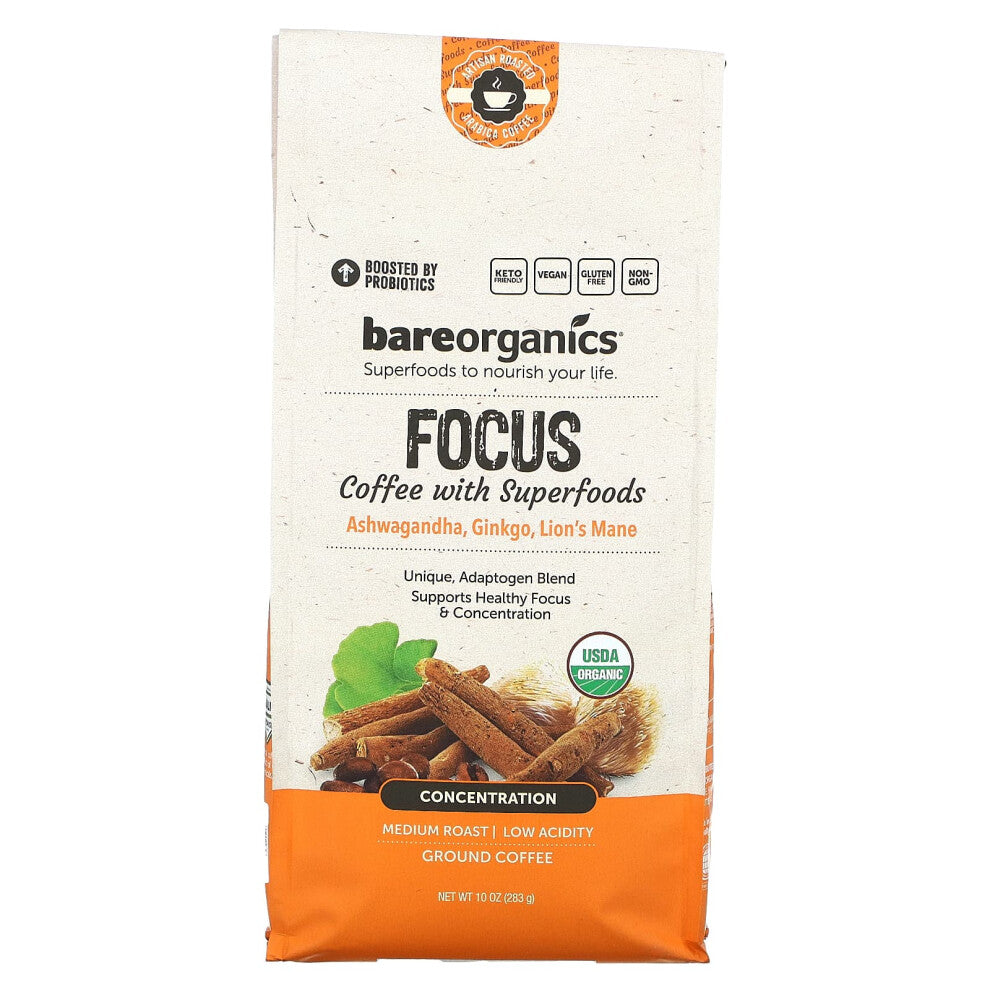 BareOrganics, Focus Coffee With Superfoods, Ground, Medium Roast, 10 oz (283 g)