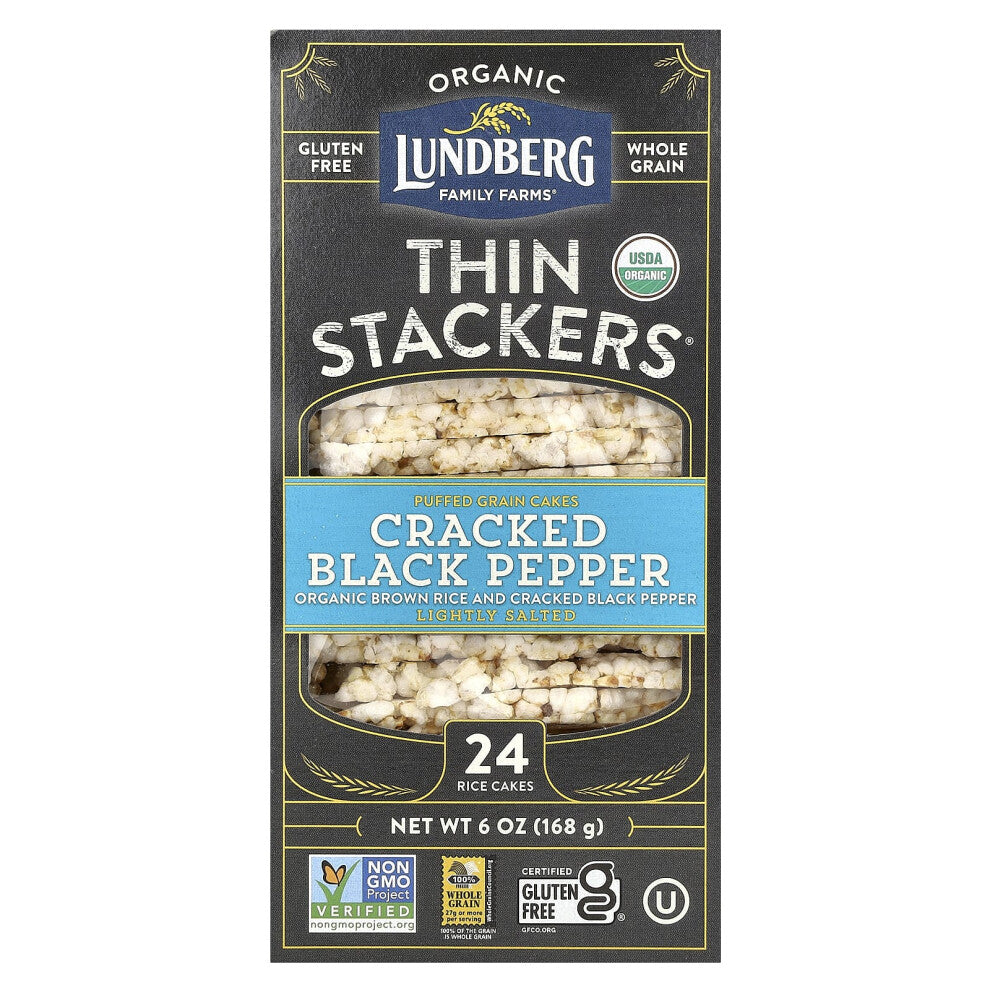 Lundberg, Organic Thin Stackers, Puffed Grain Cakes, Cracked Black Pepper, Lightly Salted, 24 Rice Cakes, 6 oz (168 g)