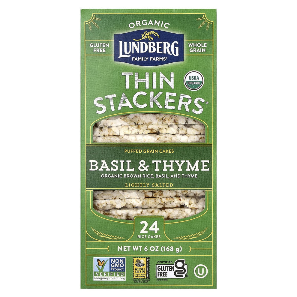 Lundberg, Organic Thin Stackers, Puffed Grain Cakes, Basil & Thyme, Lightly Salted, 24 Rice Cakes, 6 oz (168 g)