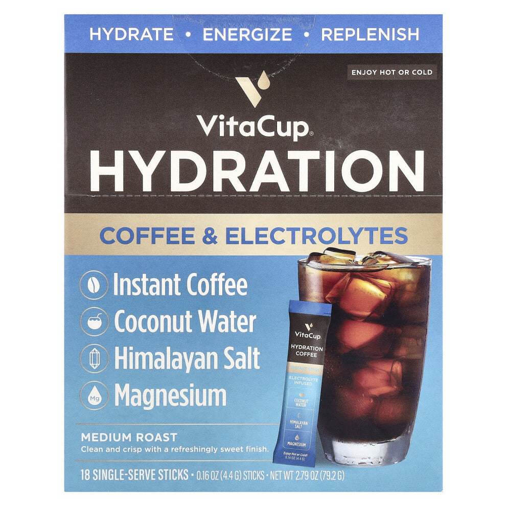 VitaCup, Hydration Instant Coffee, Medium Roast, 18 Single-Serve Sticks, 0.16 oz (4.4 g) Each