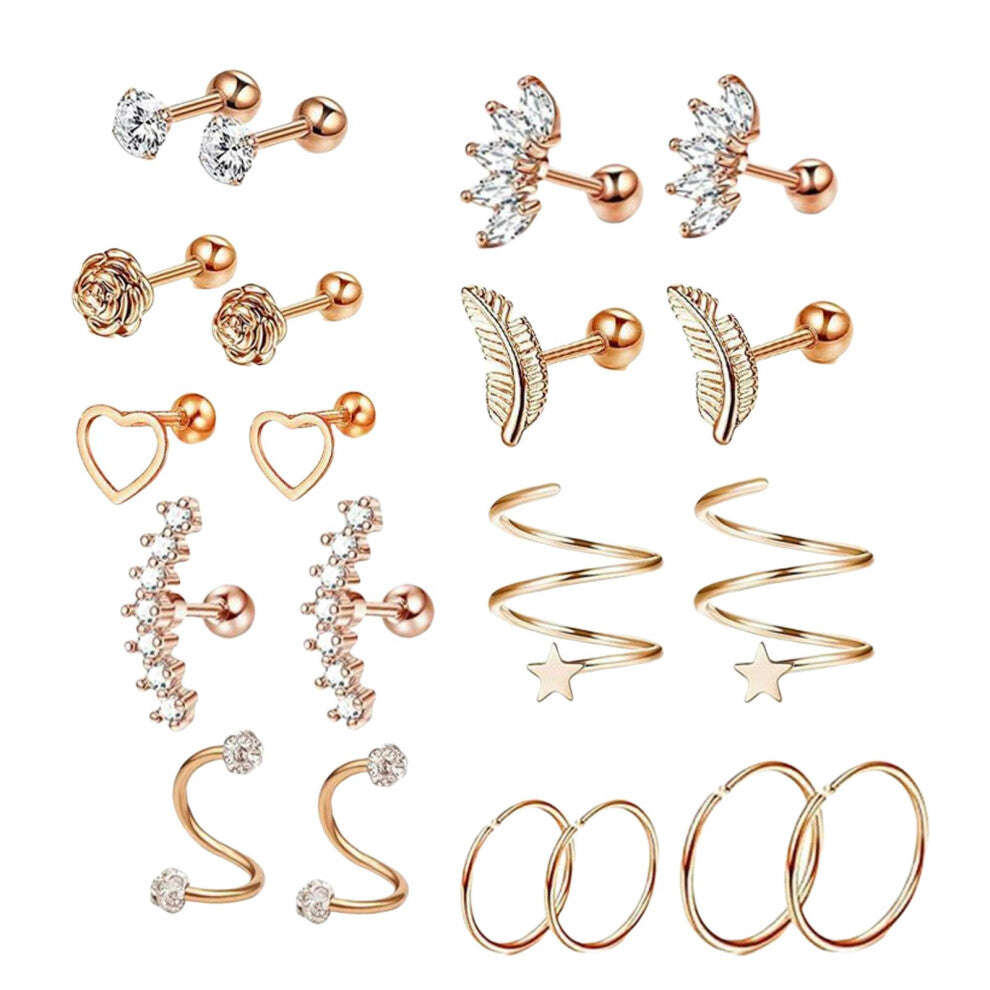 20x Stainless Steel Stud Earrings Set For Women Crystal Balls Hoops