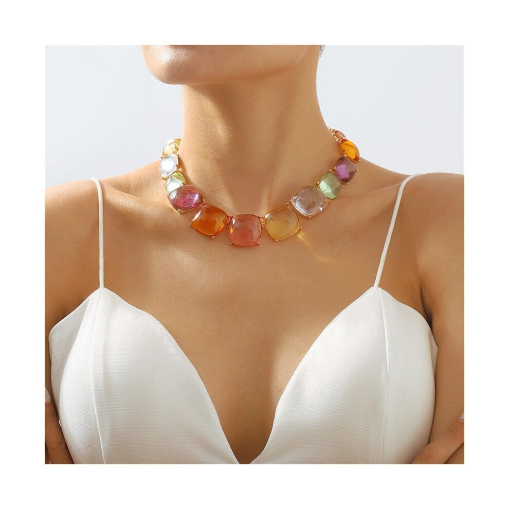 Pendant Necklace Set for Women, Colorful Jelly Geometric Fashion Necklaces, Holiday Jewelry Decoration, Lightweight Accessories