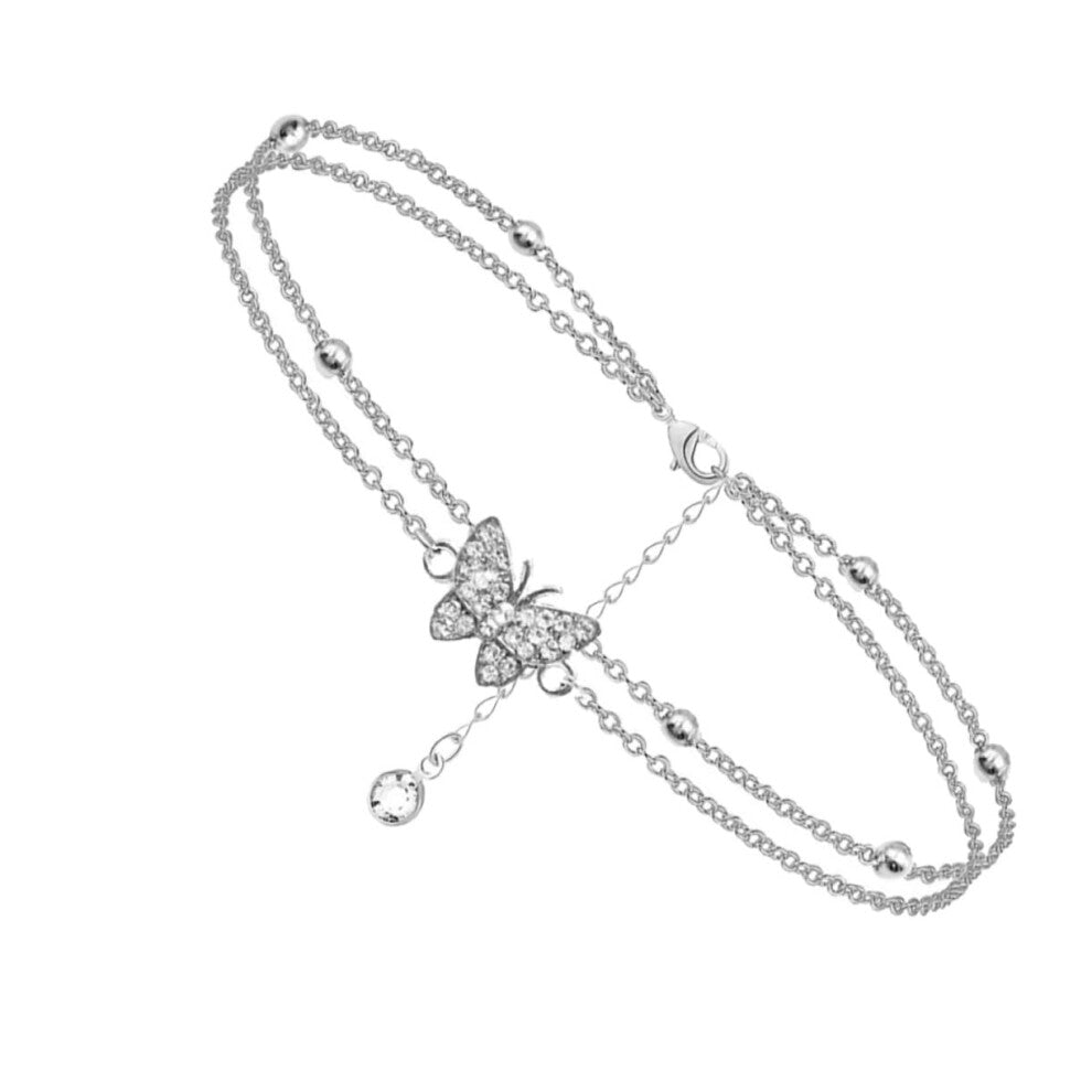 Glittering Butterfly Design Adjustable Anklet for Women, Double Layered Summer Jewelry with Zirconia Accents