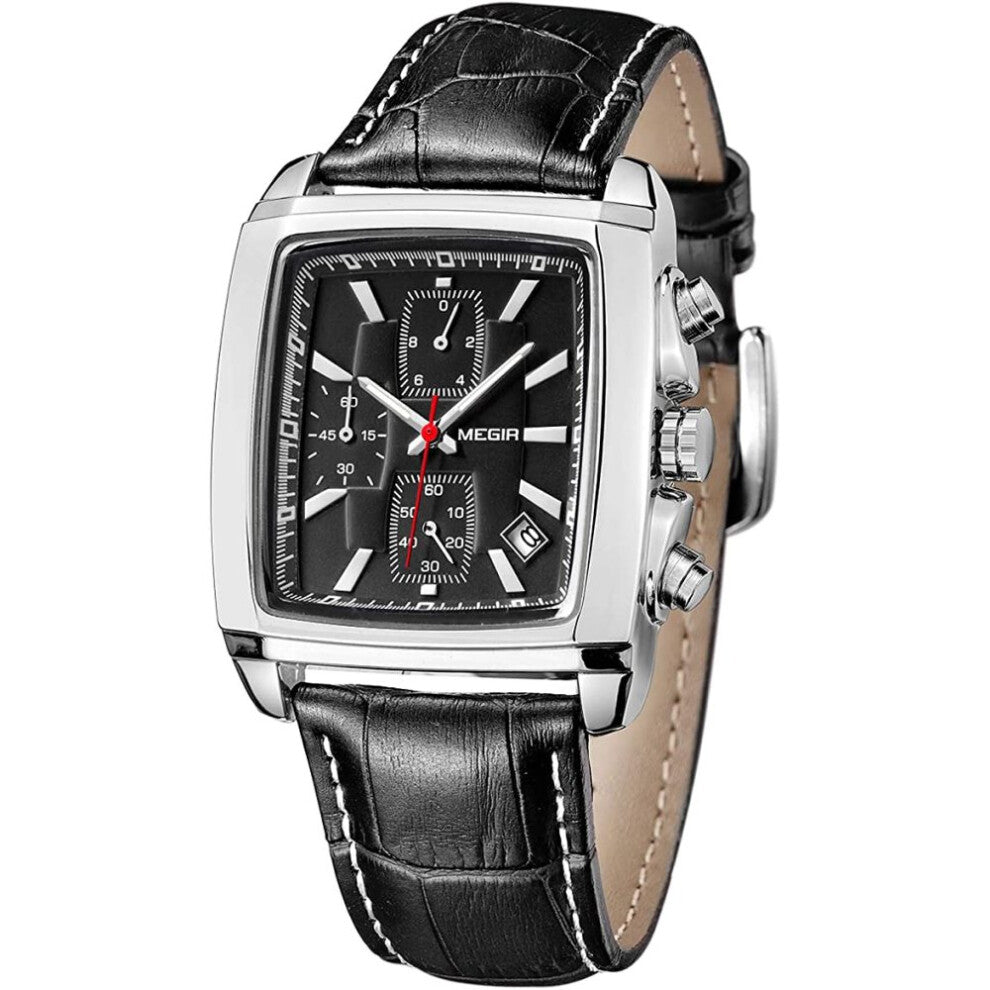 Square Watches Men Stylish Quartz Watch Leather Strap Chronograph