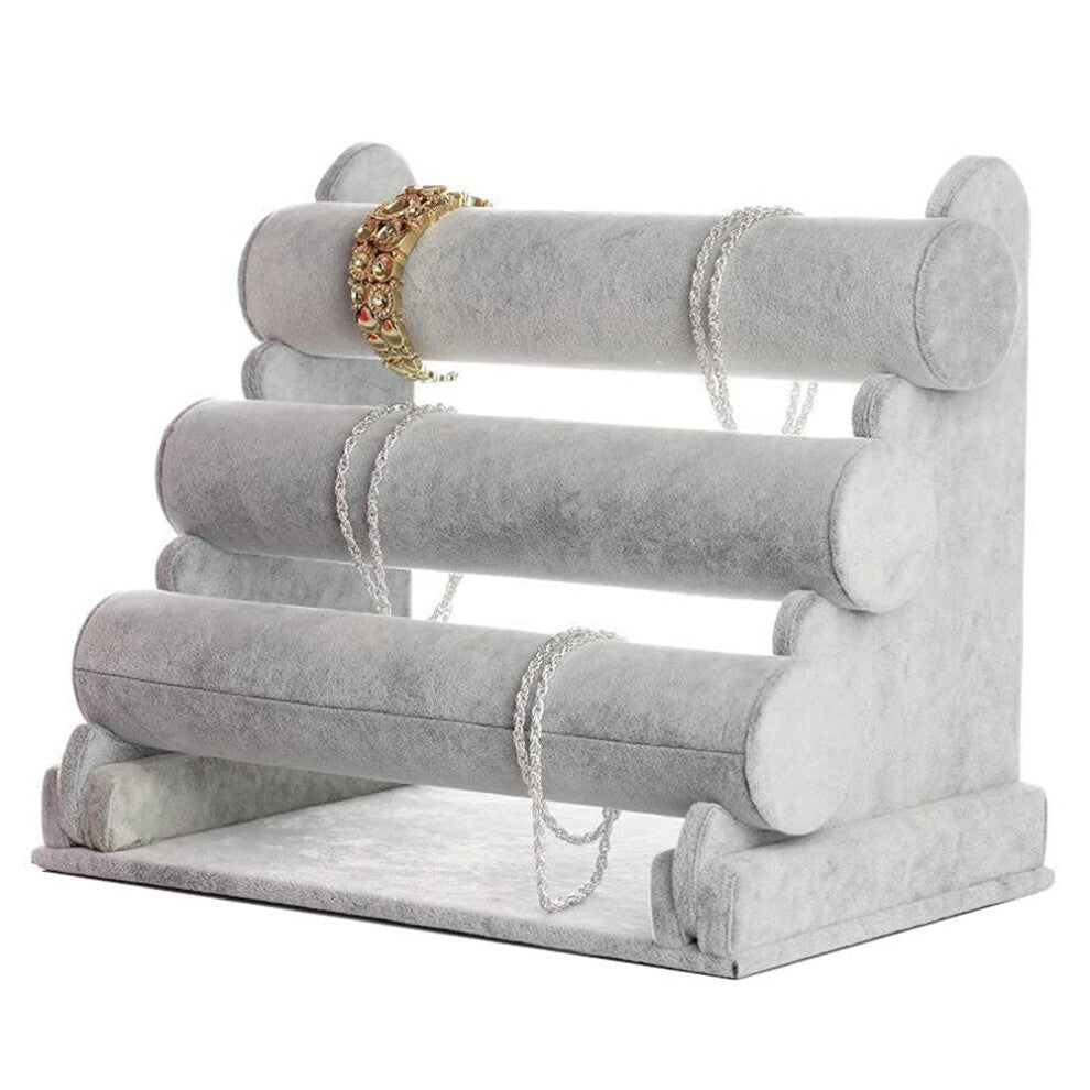3-Layer PU Bracelet Holder with 3 Bars for Necklaces, Watches, and Beads - Grey Storage Organizer (11.81 x 6.69 x 8.86 Inches)