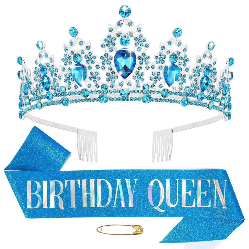 Birthday Tiaras Birthday Sash for Women Girls Birthday Glitter Letter Sash Rhinestone Crownpiece Lady Birthday Gift lake blue