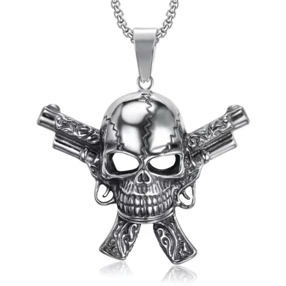 Stainless Steel Men's Biker Skull Pendant Necklace with Double Pistol Design and Triangle Clasp