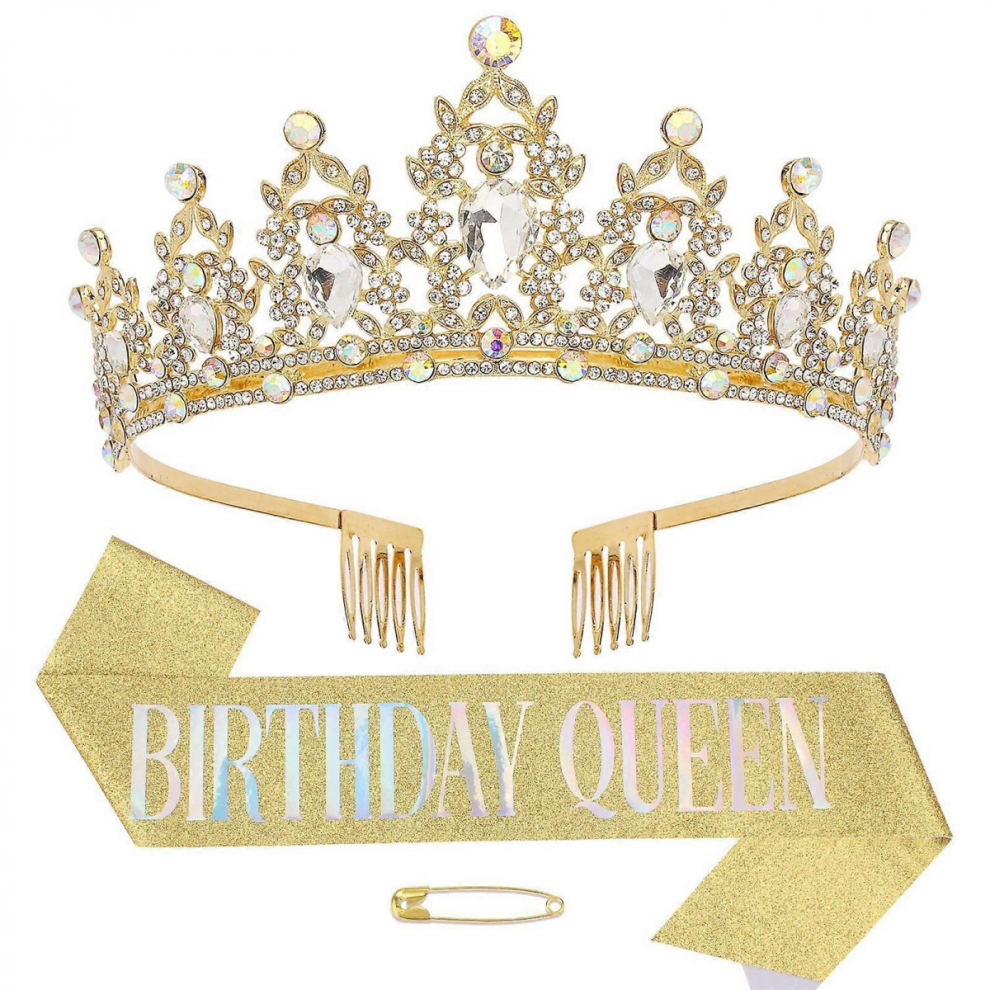 Birthday Party Rhinestone Crown Birthday Sash for Women Fashion Glittering Baroque Tiaras Birthday Party Accessories light gold