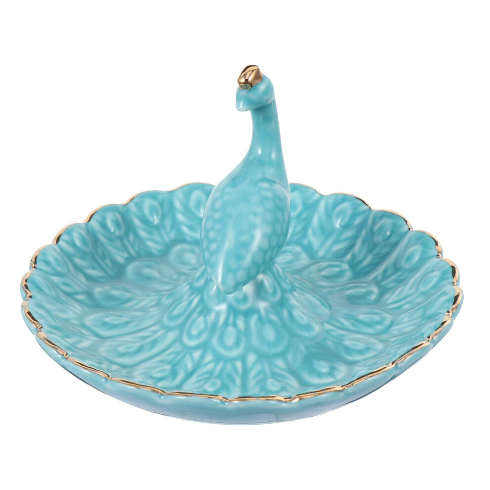 Jewellery Plate Peacock Figurine Holder Ceramic Tray for Rings Earrings Necklaces Blue Decorative Stand